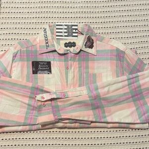 Beetlejuice Plaid Button-Up Shirt in Pastel Pink and Mint
